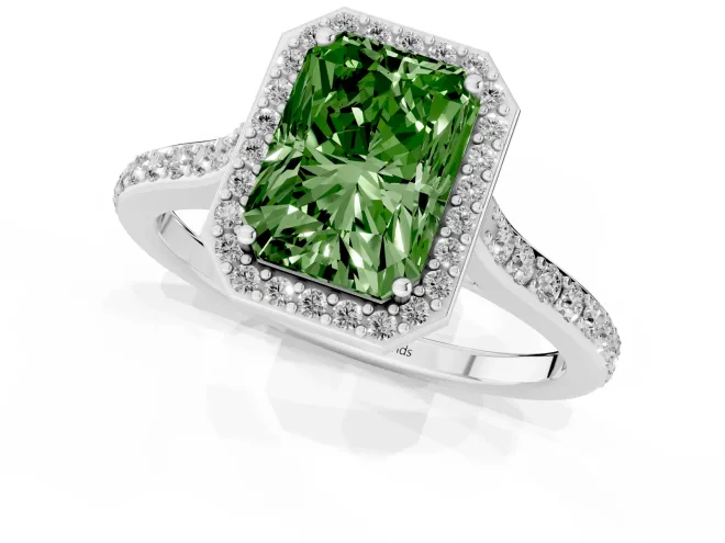 Fancy Green Radiant Cut Diamond Halo Engagement Ring Set in White gold with Round Pavé Shoulders and Heart Gallery – second view