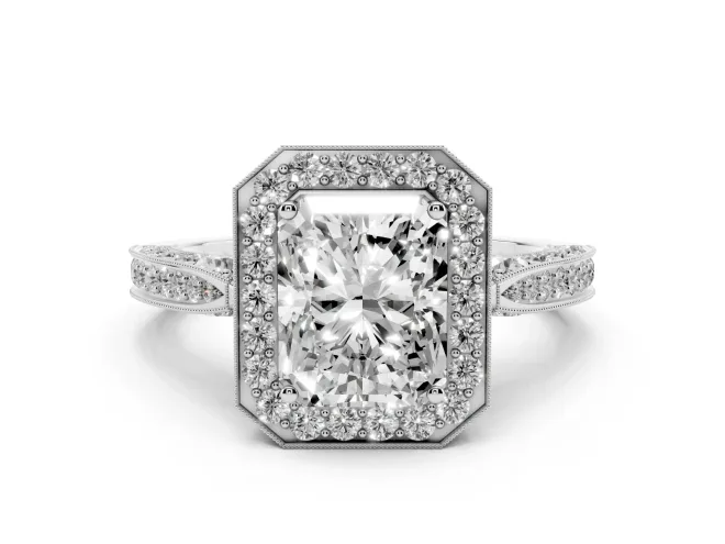 Radiant Cut Vintage Milgrain Halo Engagement Ring Setting | Side Stones and Pavé | Platinum
