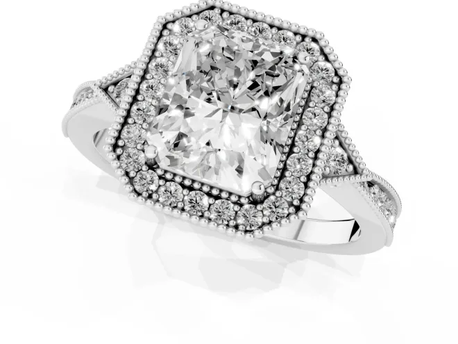Radiant Cut Diamond Halo Engagement Ring Set in Silver with Milgrain Pavé Band – second view