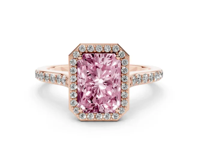 Fancy Pink Radiant Cut Diamond Halo Engagement Ring Set in Rose gold with Round Pavé Shoulders and Heart Gallery