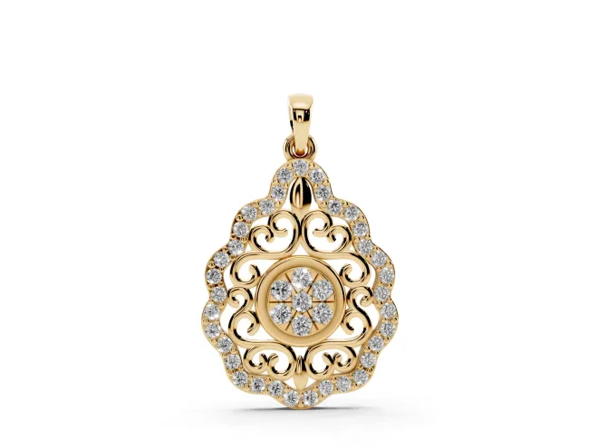 Round Lab-Grown Diamond Filigree Cluster Pendant Necklace | Pavé Teardrop Frame | Yellow Gold