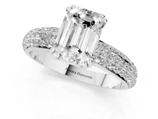 Emerald Cut Diamond Solitaire Ring Set in White gold with Multi-Row Round Pavé Band and Prong Setting – second view