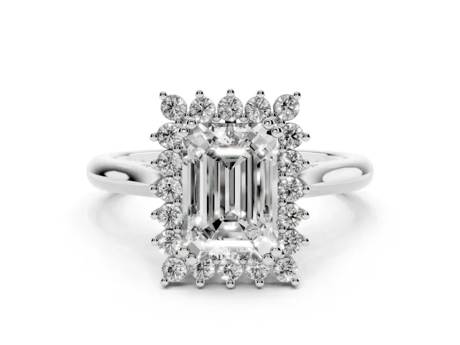 Emerald Cut Starburst Halo Engagement Ring Setting | Thin Plain Band | White Gold