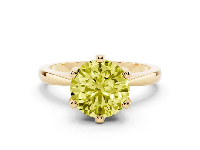 Fancy Yellow Round Cut Diamond Solitaire Engagement Ring Set in Yellow gold with Slim Tapered Solitaire Band