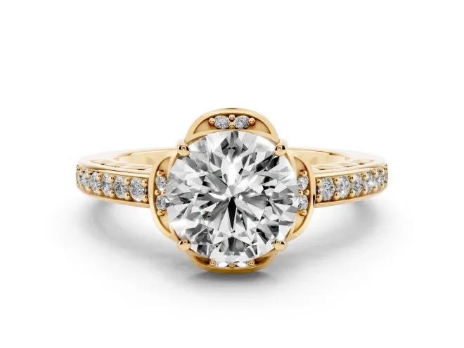 Round Floral Pavé Engagement Ring Setting | Petal Accents | Yellow Gold