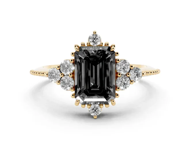 Emerald Cut Vintage Cluster Engagement Ring Setting for a Black Center | Beaded Edges | Yellow Gold