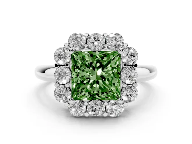 Fancy Green Princess Cut Diamond Milgrain Halo Solitaire Ring Set in Platinum with Bezel Set Side Stones and Pavé Band