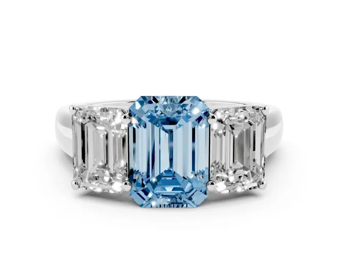 Emerald Cut Three Stone Engagement Ring Setting for a Fancy Blue Lab-Grown Diamond | Basket Prong Heads | Platinum