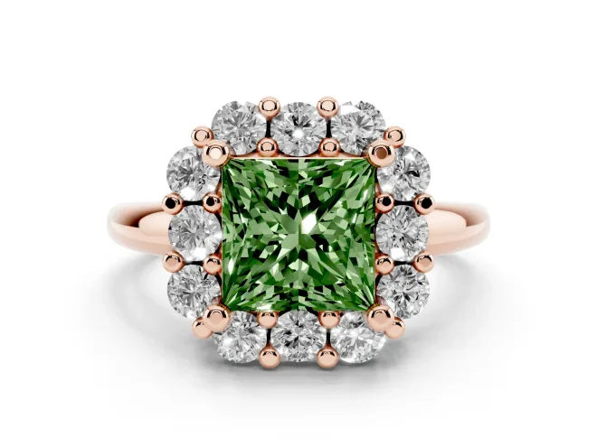 Princess Cut Cluster Halo Engagement Ring Setting for a Fancy Green Lab-Grown Diamond | Large Round Accents | Rose Gold