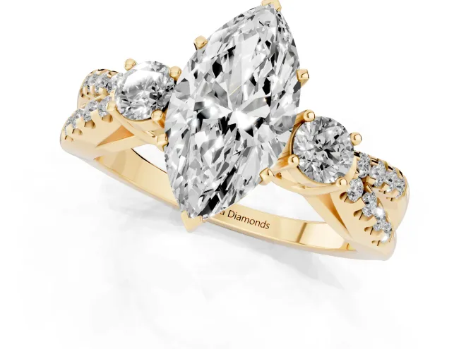 Marquise Cut Diamond Three-Stone Ring Set in Yellow gold with Pavé Split Shank and Prong Setting – second view