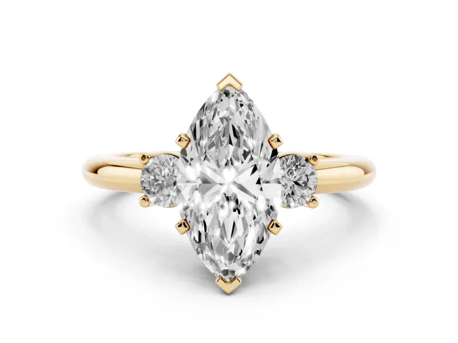Marquise Three Stone Engagement Ring Setting | Round Side Stones | Yellow Gold