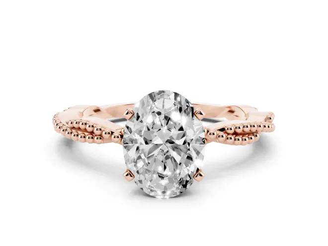 Oval Cut Diamond Solitaire Ring Set in Rose gold with Twisted Band and Bead Prong Setting