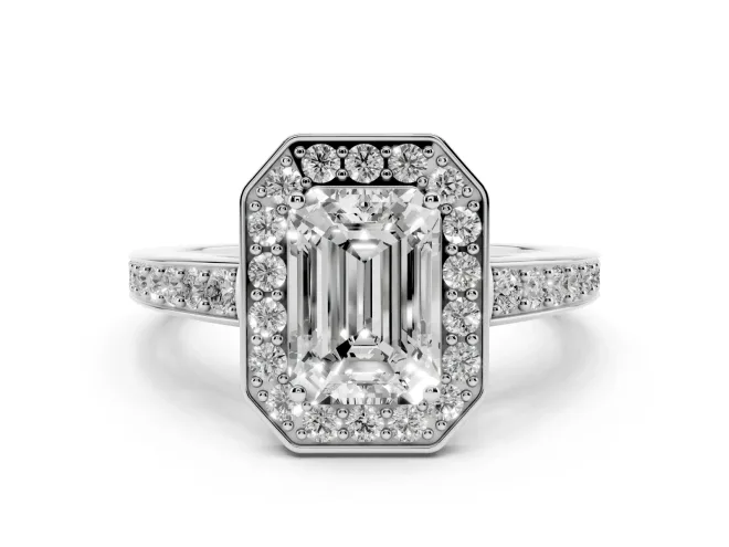 Emerald Cut Framed Halo Engagement Ring Setting | Graduated Pavé Band | Platinum