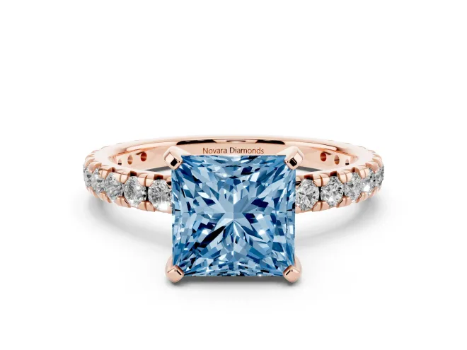 Fancy Blue Princess Cut Diamond Pavé Solitaire Ring Set in Rose gold with Round Band and Prong Setting