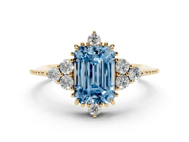 Fancy Blue Emerald Cut Diamond Cluster Ring Set in Yellow gold with Beaded Band
