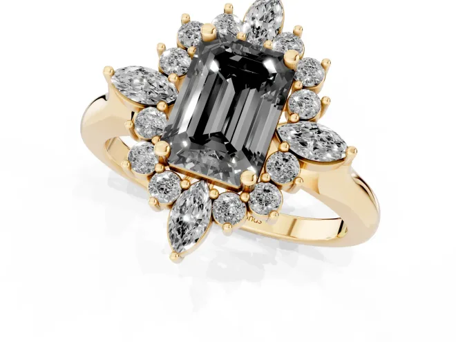 Fancy Black Emerald Cut Diamond Cluster Halo Ring Set in Yellow gold with Marquise and Round Accents – second view