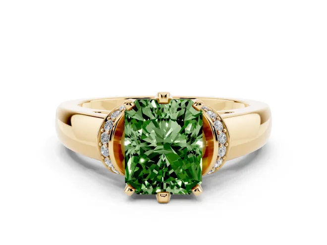 Radiant Cut Pavé Collar Engagement Ring Setting for a Fancy Green Lab-Grown Diamond | Yellow Gold