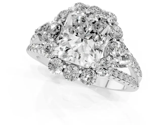 Radiant Cut Diamond Halo Split Shank Engagement Ring Set in Silver with Prong-Held Center Stone – second view