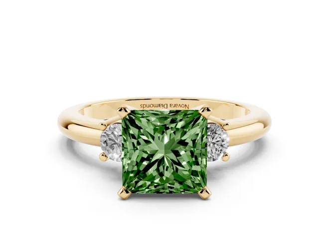 Princess Cut Three Stone Engagement Ring Setting for a Fancy Green Lab-Grown Diamond | Round Side Stones | Yellow Gold