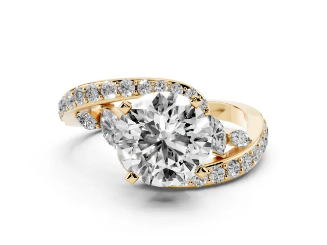 Round Cut Diamond Solitaire Ring Set in Yellow gold with Pavé Twist Band and Secure Prong Setting