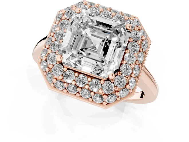 Asscher Cut Diamond Halo Engagement Ring Set in Rose gold with Solitaire Band and Prong Setting – second view