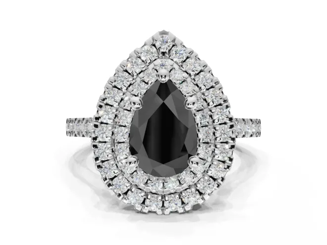 Pear-Shaped Double Halo Engagement Ring Setting for a Black Center | Pavé Shoulders | White Gold