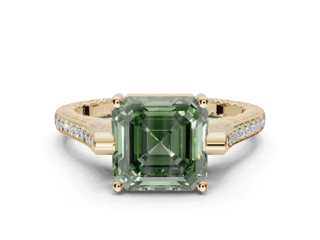 Asscher Cut Vintage Cathedral Engagement Ring Setting for a Fancy Green Lab-Grown Diamond | Carved Band | Yellow Gold