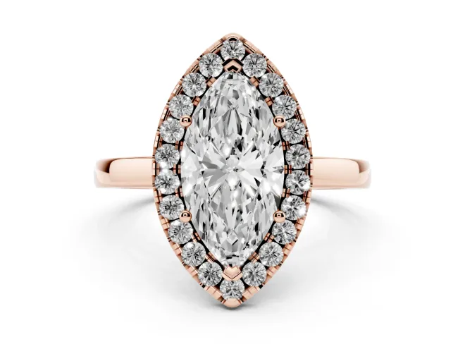 Marquise Cut Diamond Halo Solitaire Ring Set in Rose gold with Pavé Band and Prong Setting