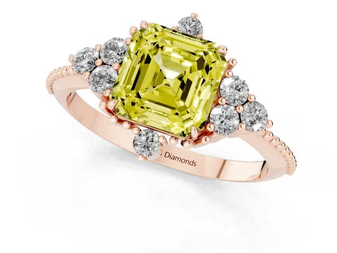Fancy Yellow Asscher Cut Diamond Cluster Ring Set in Rose gold with Beaded Band – second view