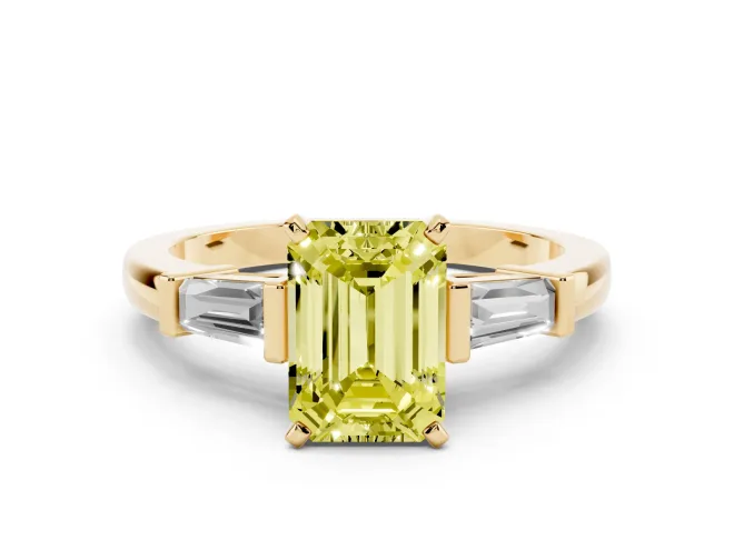Emerald Cut Three-Stone Engagement Ring Setting for a Fancy Yellow Lab-Grown Diamond | Tapered Baguettes | Yellow Gold