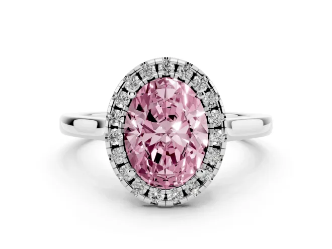 Oval Halo Engagement Ring Setting for a Fancy Pink Lab-Grown Diamond | Flat Tapered Band | White Gold