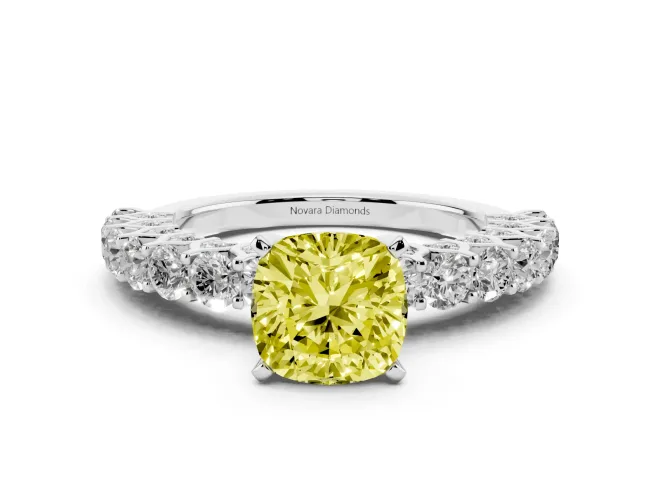 Fancy Yellow Cushion Cut Diamond Solitaire Ring Set in White gold with Shared Prong Pavé Band