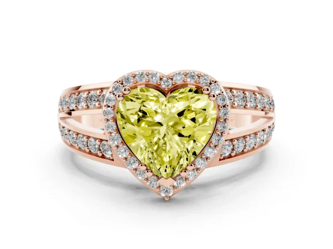Fancy Yellow Heart Cut Diamond Halo Ring Set in Rose gold with Double Pavé Split Shank