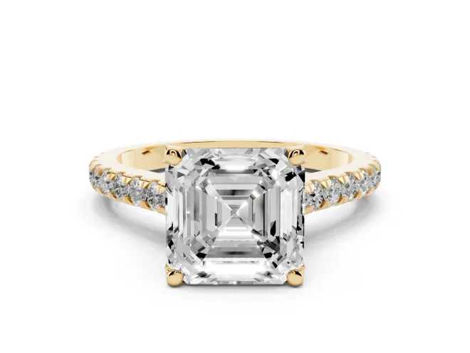 Asscher Cut Diamond Solitaire Ring Set in Yellow gold with Brilliant Pavé Band and Prong Setting
