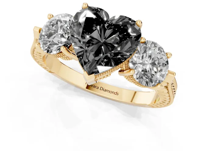 Fancy Black Heart Cut Diamond Three-Stone Ring Set in Yellow gold with Milgrain Band – second view