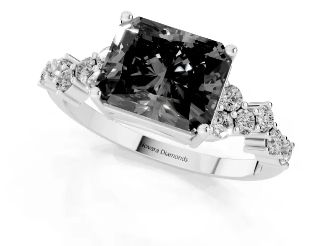 Fancy Black Radiant Cut Diamond Ring Set in White gold with Scattered Round Accents – second view