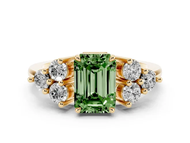 Emerald Cut Cluster Side Stone Engagement Ring Setting for a Fancy Green Lab-Grown Diamond | Plain Band | Yellow Gold