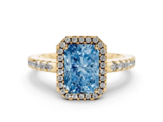 Fancy Blue Radiant Cut Diamond Halo Ring Set in Yellow gold with Pavé Shoulders and Halo-Framed Center