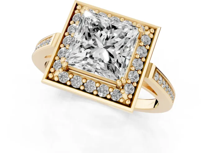 Princess Cut Diamond Halo Ring Set in Yellow gold with Accent-Lined Split Shank and Prong Setting – second view