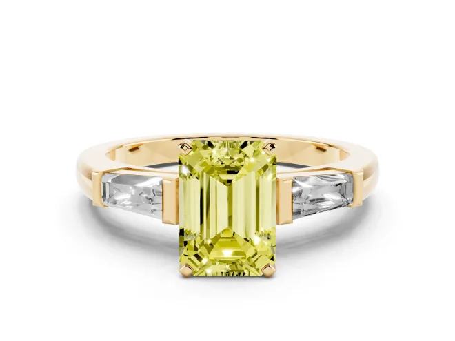 Emerald Cut Three Stone Engagement Ring Setting for a Fancy Yellow Lab-Grown Diamond | Tapered Baguettes | Yellow Gold