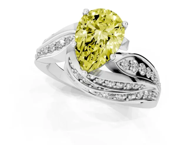 Fancy Yellow Pear Cut Diamond Solitaire Ring Set in Silver with Layered Twist Pavé Band – second view