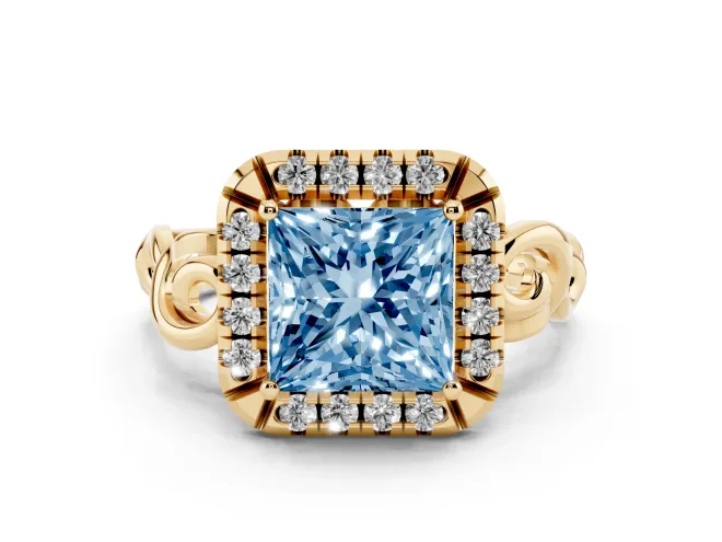 Princess Cut Filigree Halo Engagement Ring Setting for a Fancy Blue Lab-Grown Diamond | Yellow Gold