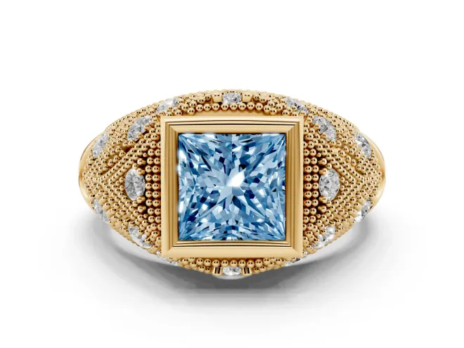 Fancy Blue Princess Cut Diamond Bezel Ring Set in Yellow gold with Milgrain Accent Band