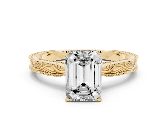 Emerald Cut Engraved Solitaire Engagement Ring Setting | Milgrain Edges | Yellow Gold