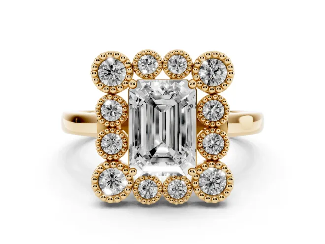 Emerald Cut Diamond Cluster Halo Ring Set in Yellow gold with Milgrain Bezel Accents and Plain Band
