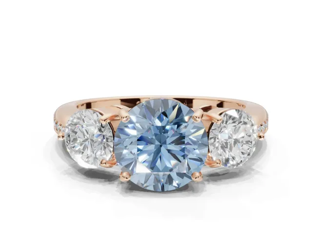 Round Three Stone Engagement Ring Setting for a Fancy Blue Lab-Grown Diamond | Tapered Pavé Band | Rose Gold