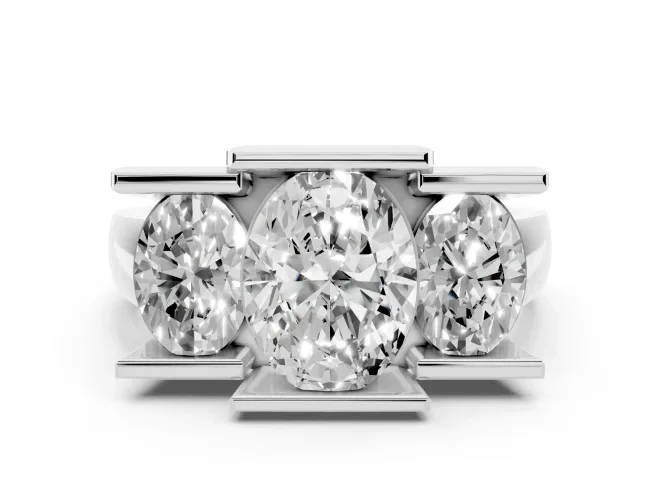 Oval Cut Diamond Three-Stone Channel Set Ring Set in White gold with Smooth Polished Band