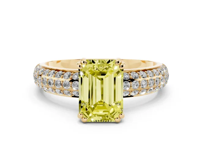 Emerald Cut Three Row Pavé Engagement Ring Setting for a Fancy Yellow Lab-Grown Diamond | Double Claws | Yellow Gold
