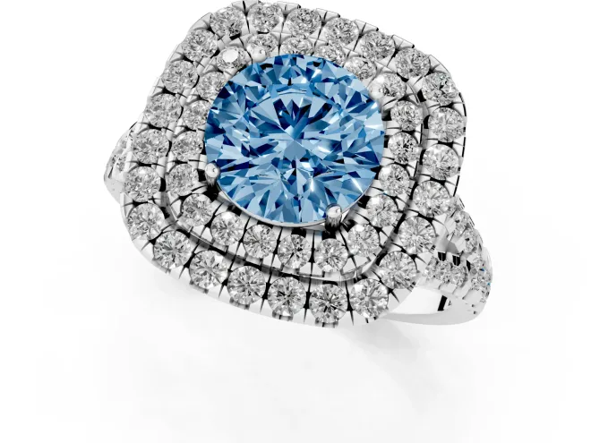 Fancy Blue Round Cut Diamond Double Halo Ring Set in Silver with Pavé Split Shank and Prong Setting – second view