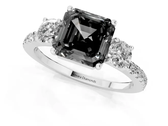 Fancy Black Asscher Cut Diamond Three-Stone Ring Set in White gold with Pavé Band and Graduated Sides – second view